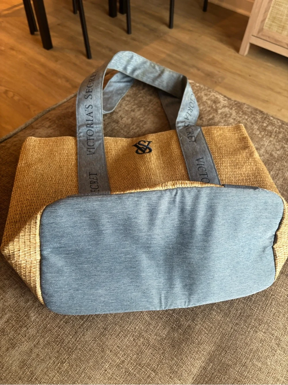 Victoria's Secret Natural Straw Tote with Denim Blue Logo Straps